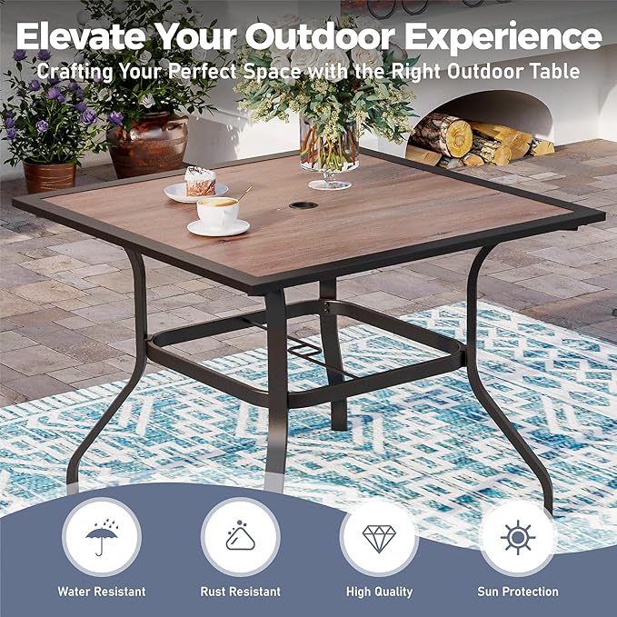 SUNSHINE VALLEY 5 Piece Patio Dining Set for 4, 37”x37” Square Table (PVC Wood-Like Table Top) with 1.57" Umbrella Hole, 4 Metal Brown Chairs, Outdoor Table and Chairs Set for Lawn Backyard and Deck