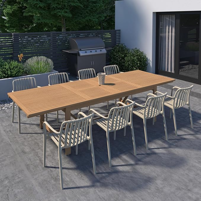 Urban Elements Frida Rectangular Extendable Patio Furniture Set | 100% Certified Teak Finish | Backyard Furniture, Outside Table and Chairs, Rectangular Outdoor Dining Set (Sand, 9-Piece)