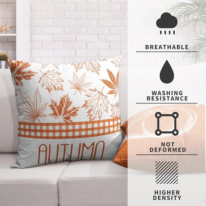 Hello Fall Pillow Covers Burnt Orange Maple Leaves Pumpkin Throw Pillow Covers 20x20 Set of 2 Autumn Pillowcase Double Sided Printing Cushion Case for Home Decor Couch Sofa