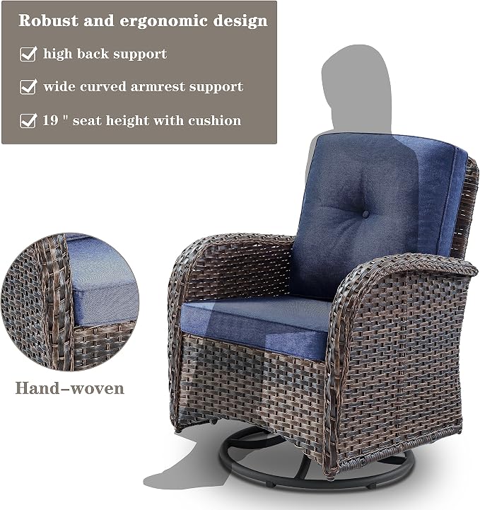 Belord Small Conversation Sets Patio Funiture - 5 Piece Outdoor Swivel Rocker Wicker Furniture Sets with Ottomans Side Table Perfect for Patio Deck Backyard, Brown Wicker Blue Cushion