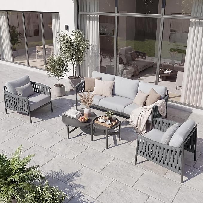 Grand patio 5-Piece Outdoor Furniture Set, Outdoor Sofa Set with 2 Round Side Tables, Modern Metal Patio Couch with Thick Waterproof Cushions for Porch Deck Backyard, Dark Grey