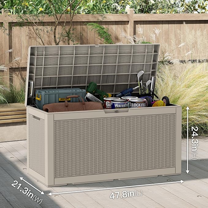 Mars Villa 100 Gallon Outdoor Storage Box, Large Resin Deck Box Waterproof, for Outside Patio Furniture Cushion, Pool Supply, with Hydraulic Hinge, UV-Resistant and Weatherproof, Rattan Greige
