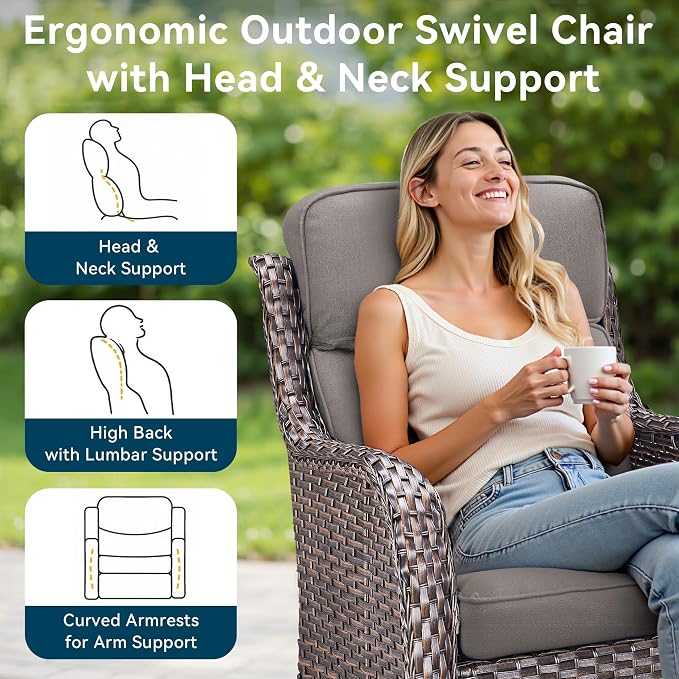 Luxury High Back Outdoor Furniture with 6-Inch Thick Cushions, Patio Furniture Set with Swivel Chairs, 8 PCS Wicker Conversation Set for Porch, Balcony, Deck and Yard