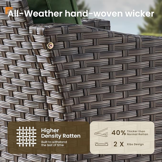 CAODOC Patio Furniture Set, 7 Pieces Outdoor Wicker Rattan Sofa Couch with 4 Chairs, Ottomans and Comfy Cushions, All Weather High Back Conversation Set Garden Backyard, Brown Rattan Green Cushions