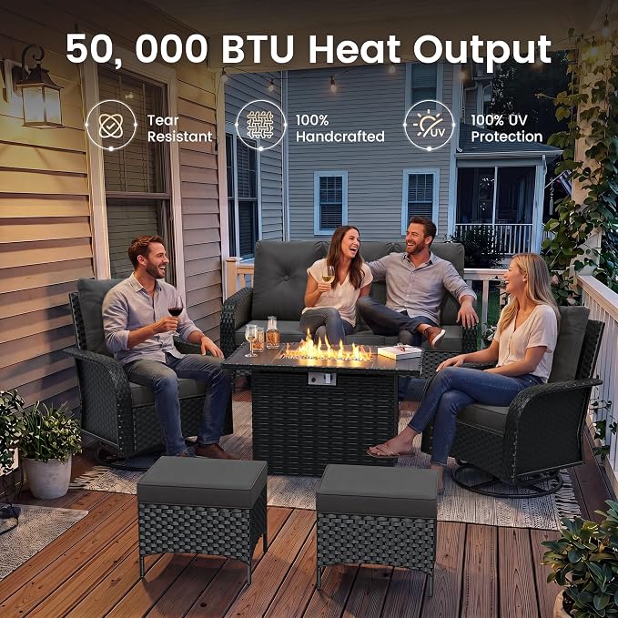 UDPATIO Patio Furniture Set with 44" Fire Pit Table, High Back 4 Swivel Rocker Chairs, Wicker Outdoor Conversation Sets with Thick Cushions & Ottoman, for Garden, Porch