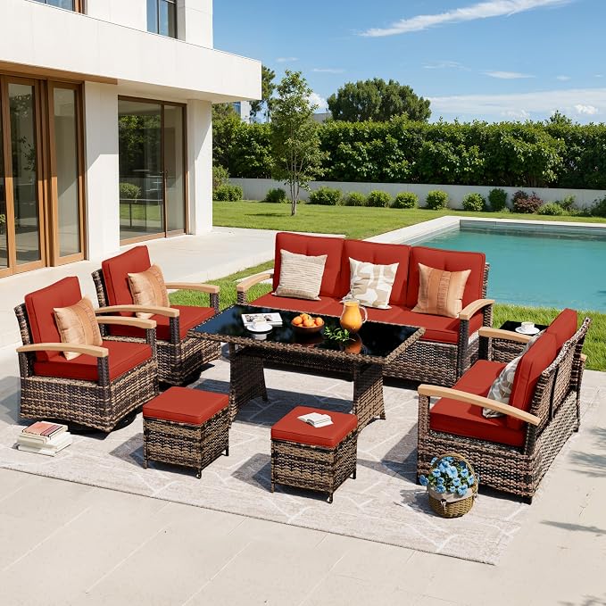 MEISSALIVVE 8 Pieces Patio Furniture Sets, PE Wicker Outdoor Conversation Sets with 2 Wood Armrests Swivel Rocker Chairs, 2 Ottomans, 2 Sofa and Dining Table (Red)