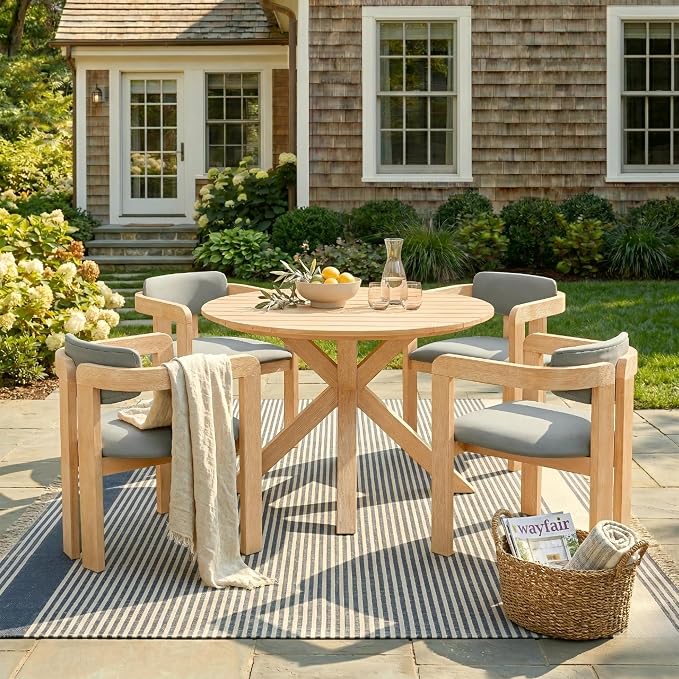 Outdoor Patio Furniture Set of 5, Acacia Wood Round Dining Set with 4 Barrel Chairs & Non-Removable Cushion, 5-Piece Patio Furniture for Backyard Deck Poolside, Acacia Wood + Gray