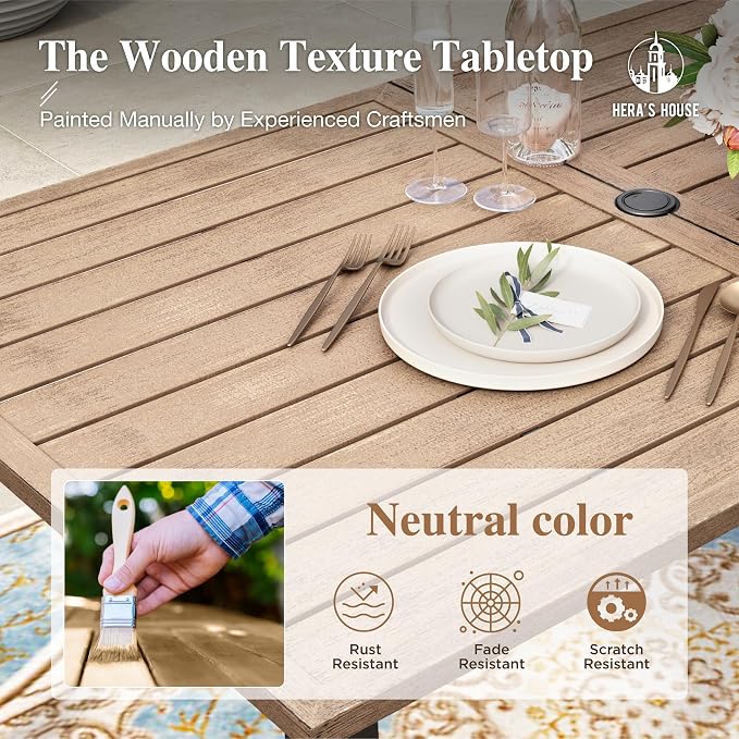 HERA'S HOUSE 7 Pieces Outdoor Dining Set, Wood-Grain Metal Table with Umbrella Hole, Patio Table and Chairs for Yard Garden Porch Poolside, Blue