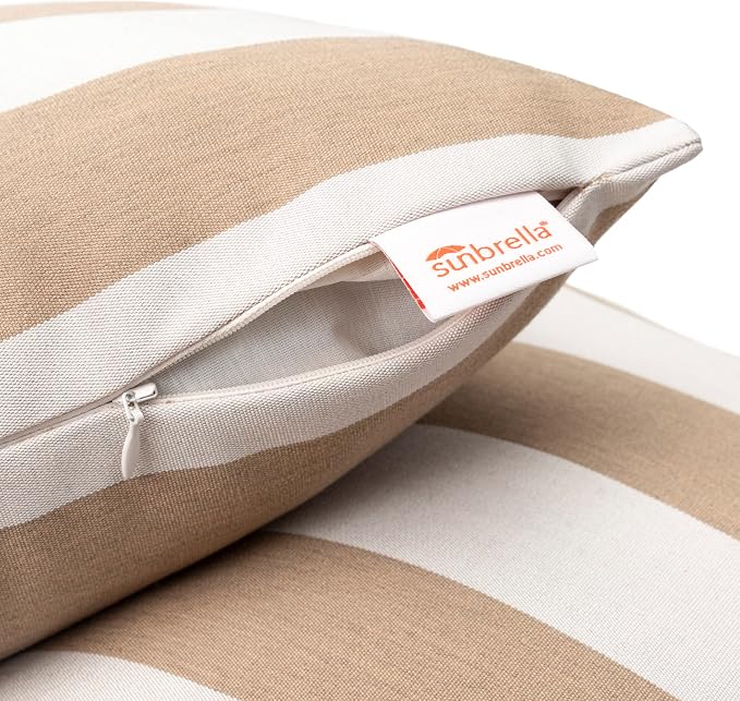 Sunbrella Maxim Heather Beige - Cabana Stripe, Zippered & Reversible 18-inch x 18-inch Pillow Cover ONLY (Set of 2) Indoor/Outdoor Easy Clean Fill Sold Seperately
