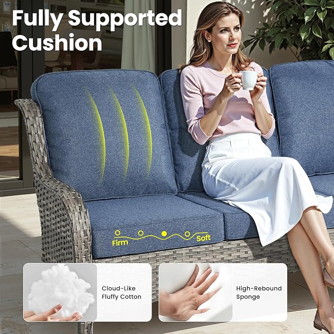 ovios 8-Piece Patio Furniture Set with Swivel Chairs Side Table, Outdoor Wicker Sofa with 42" Fire Pit Table, High Back Couch Modern Conversation Sets, Grey/Denim Blue