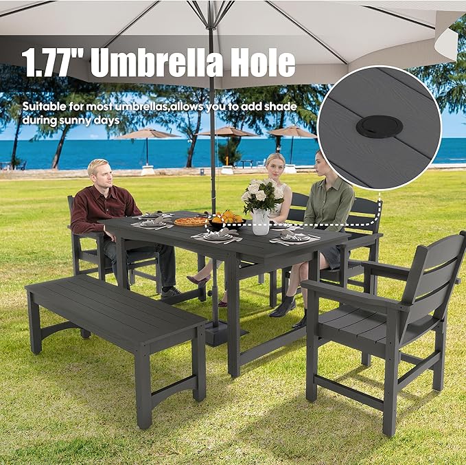 6 Piece Patio Dining Set,Patio Furniture Set for 6,Outdoor Table and Chairs with Umbrella Hole,All-Weather 67” Rectangular Dining Table with Non-Slip Mat for Garden,Poolside,Backyard,Black