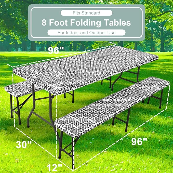 misaya Picnic Table Cover with Bench Cover, Waterproof Elastic Fitted Tablecloth for 8 Foot Tables, Rectangle Washable Polyester Tablecloths for Picnic, Camping, Outdoor (Black, 30" x 96")