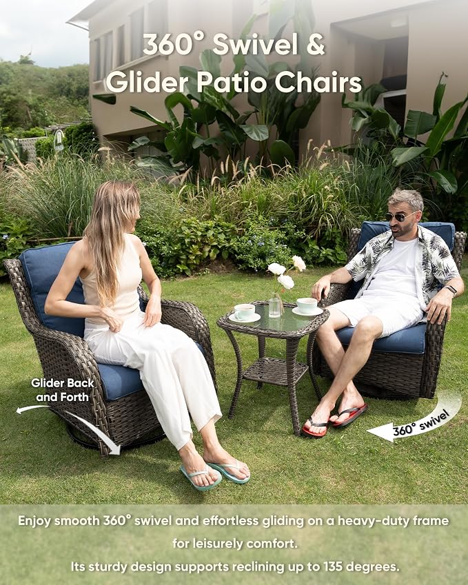 HUMMUH Patio Furniture Set with Fire Pit Table 5-Piece Wicker Outdoor Swivel Rocker Patio Chairs High Back Outdoor Couch Conversation Set for Porch, Backyard, Deck