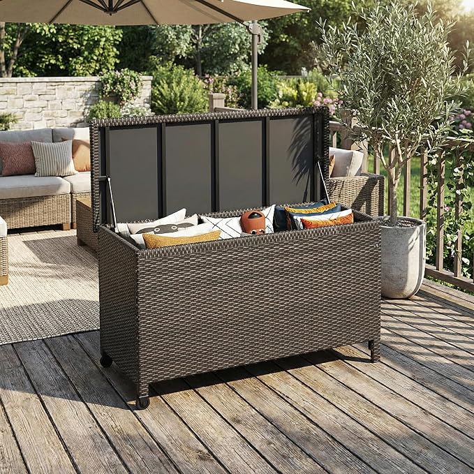 Wicker Deck Box, 185 Gallon All-Weather Outdoor Storage Box, Rattan Storage Bin for Patio Furniture, Outdoor Cushions, Pool Storage and Garden Tools, Brown