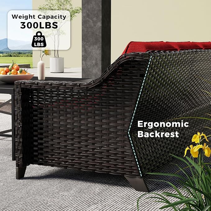 77'' Patio Sofa, All Weather Outdoor Rattan Wicker 3-Seat Sofa High Back Couch with Premium Cushions for Garden Backyard Porch(Brown/Red)