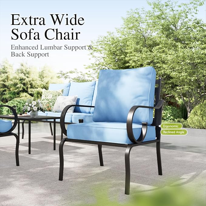 Sophia & William Patio Conversation Set for 5, 3-Seater Sofa, 2 Fixed Chairs and a Coffee Table, Metal Outdoor Furniture with 5.75" Extra Thick Cushions, Blue