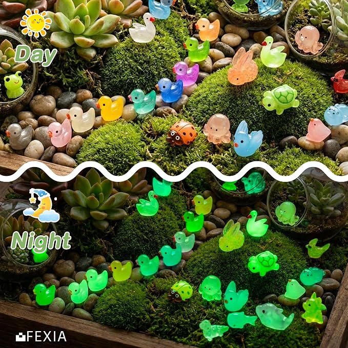 FEXIA 100PCS Glow in The Dark Mini Resin Animals 20 Cute Styles Tiny Figurines Colorful Ducks, Frogs, Turtles, Fishfor Fairy Garden, Dollhouse, Aquarium, DIY Crafts, Micro Landscape Party Decoration