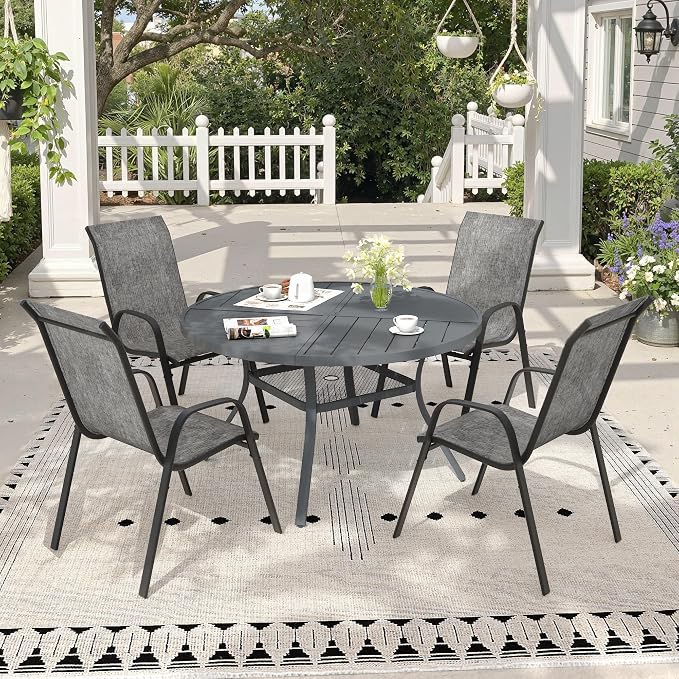 5 Pieces Outdoor Dining Set, 40.7" Spliced Patio Table with Umbrella Hole & Stackable Outdoor Dining Chairs, Patio Furniture Set for Deck Garden Porch, Grey Chairs & Dark Grey Table