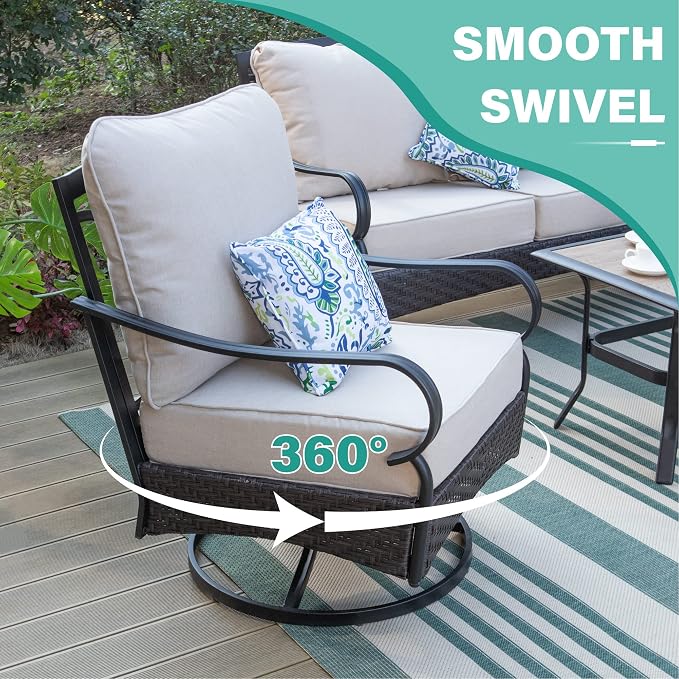 MFSTUDIO Outdoor Patio Furniture Set, 5 PCS Metal Patio Conversation Sets for 7, Modern Patio Sectional Set with High Back 3-Seat Sofa, Loveseat, 2 Swivel Sofa Chairs, 1 Coffee Table
