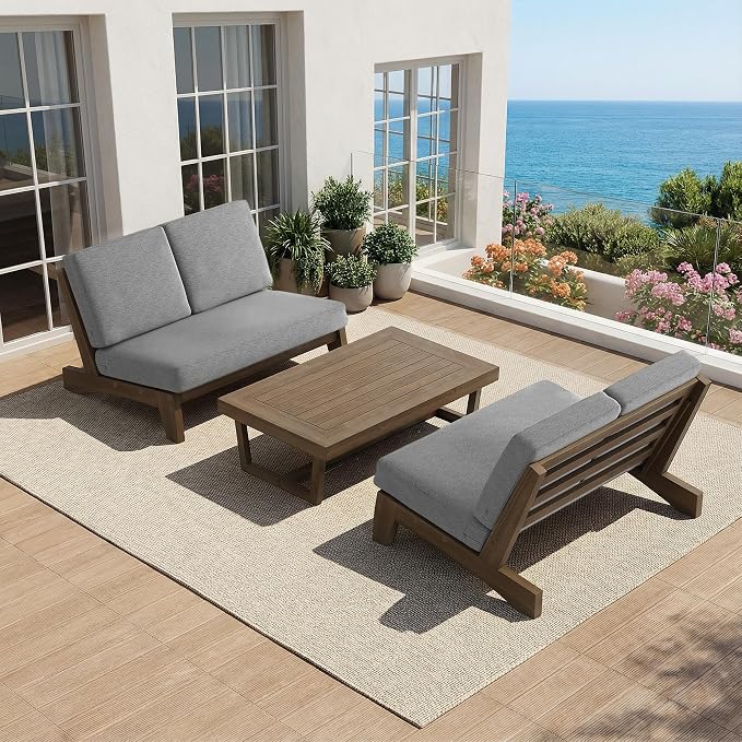All Weather Wood Patio Furniture Sets, 3 Pieces Patio Loveseat Sofa Outdoor Sectional Futniture Backyard Conversation Set with Solid Wooden Coffee Table - Grey