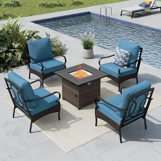MFSTUDIO 5 Pieces Outdoor Patio Furniture Set, Metal Outdoor Conversation Sofa, Rattan Wicker Patio Sectional Sofa Set with 4 x Fixed Single Sofa, 1 x Fire Pit Table, Navy Blue