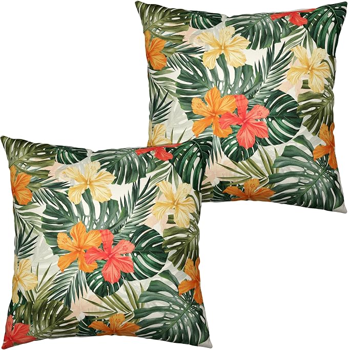 Summer Tropical Pillow Covers 16x16 Hawaiian Hibiscus Flower Throw Pillow Covers Monstera Palm Leaves Decorative Pillow Case Set of 2 for Home Decor Living Room Patio