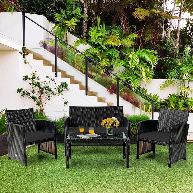 Tangkula 4 Pieces Rattan Furniture Set, Outdoor Conversation Set w/Chair & Loveseat & Tempered Glass Coffee Table, Suitable for Garden, Backyard, Poolside, Patio Furniture Set for 4 (1, Black)