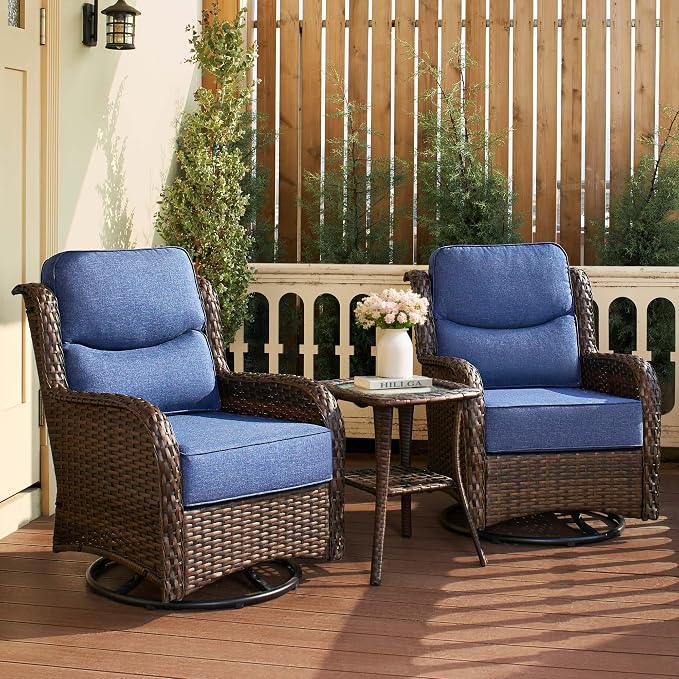 HILLGA Luxury Outdoor Patio Furniture Set with 6-Inch Thick Cushions, High Back Wicker Swivel Rocker Chairs, 3 Pcs All Weather Chairs Set for Small Porch, Deck and Sunroom, Blue (V3)