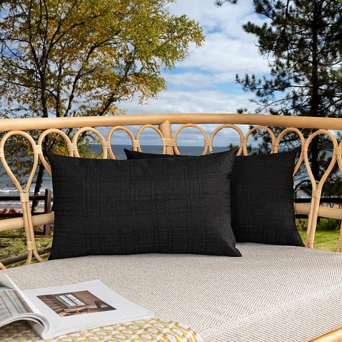 Kevin Textile Outdoor Waterproof 12”x24” Lumbar Pillow Covers 2 Pack, Black | Water Resistant, Soft Faux Linen-cotton Yarn-dyed Woven Texture Throw Pillow Covers for Tent Patio Garden Couch Sofa