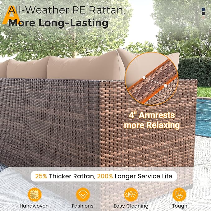 UDPATIO Furniture Set with Fire Pit Table, 8 Piece Sectional Sofas, All-Weather Wicker Conversation for Garden, Backyard, Khaki