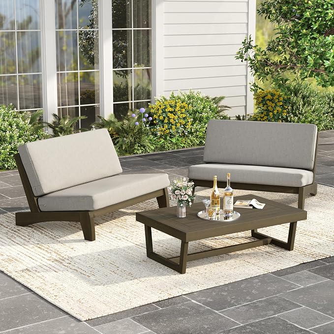 Wood Patio Furniture Sets, 3 Pieces All Weather Patio Loveseat Sofa Outdoor Sectional Futniture Backyard Conversation Set with Solid Wooden Coffee Table - Light Camel