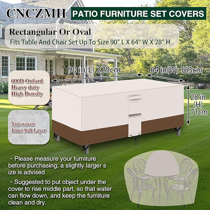Heavy Duty Patio Furniture Covers Waterproof, 600D Outdoor Furniture Cover Waterproof for Sectional Sofa Couch, Outdoor Dining Table and Chair Set Covers 90''L x 64''W x 28''H, Beige Brown