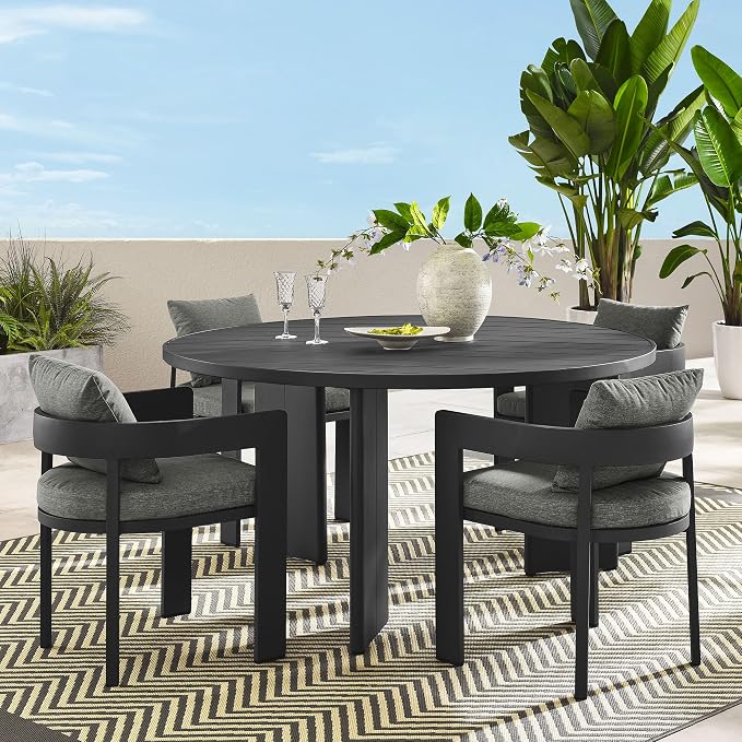 Modway Tahoe Outdoor Patio Powder-Coated Aluminum 5-Piece Dining Set in Gray Gray - Round Patio Furniture Set for 4 - Outside Table with Umbrella Hole and Cushioned Chairs - Modern Patio Set
