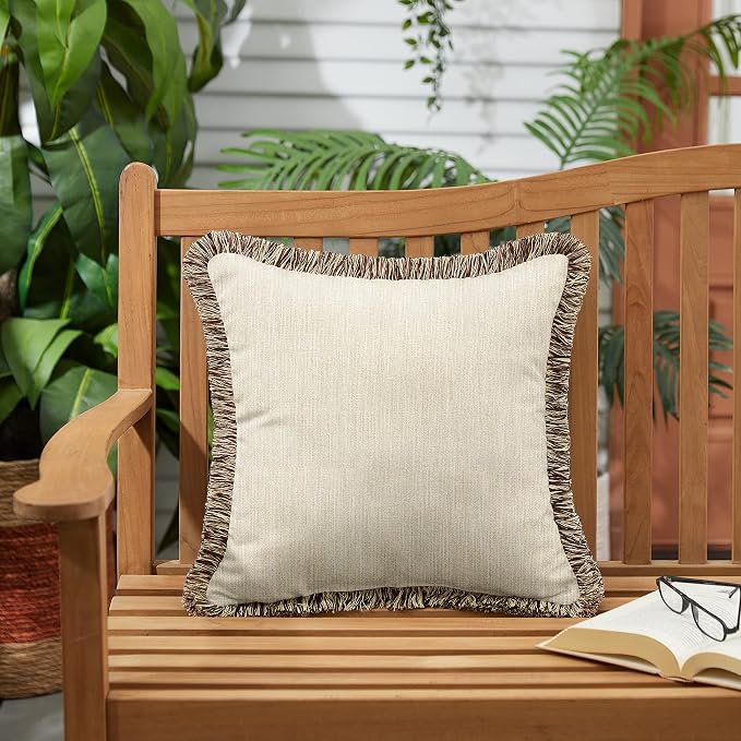 Sorra Home x Sunbrella Fringe Pillow, 18 x 18 x 6 inches, Cast Pumice and Brown