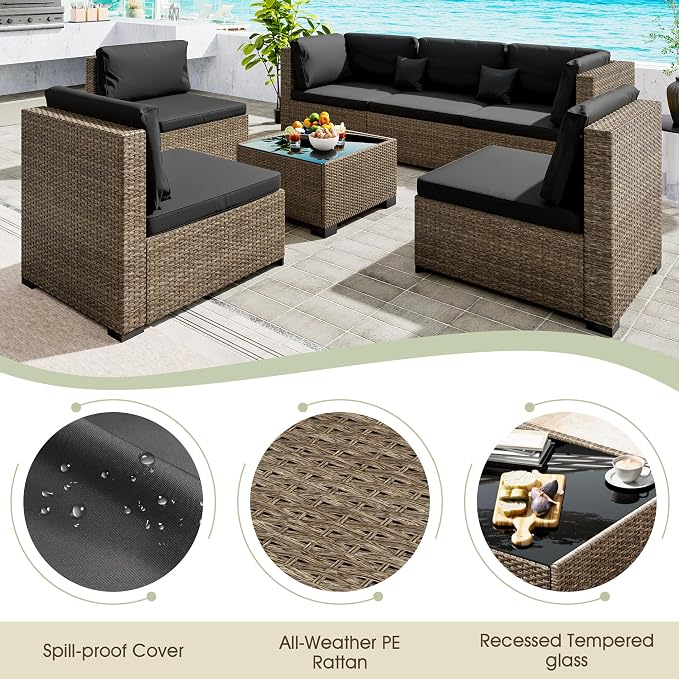 LHBcraft 7 Piece Outdoor Patio Furniture Set, Wicker Patio Furniture Set Outdoor Patio Sectional Sofa for Backyard Rattan Patio Seating with Black Cushion
