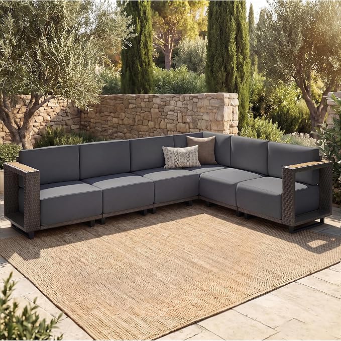 LazySunsets Patio Furniture Set, 6 Pieces Wicker Outdoor Sectional Sofa with 10'' Ultra-Thick Cushions & Ottomans, All-Weather Rattan Conversation Set for Backyard Poolside, Brown/Dark Gray