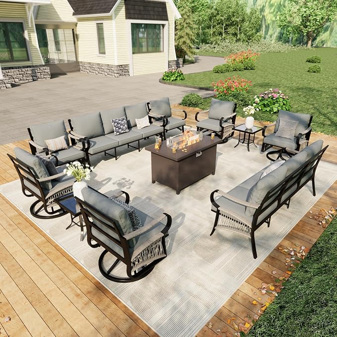 11 Pieces Patio Conversation Sets, All Weather Metal Outdoor Furniture Set 2 Three-Seater 2 Single Chairs 4 Swivel Rockers with 2 Side Tables and Fire Pit Table for Backyard Deck Porch, Gray