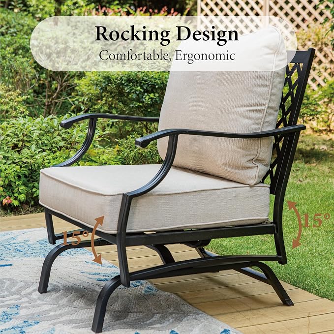 MIXPATIO Patio Furniture Set 4 pcs, Outdoor Patio Furniture, 3-Seat Sofa, 2 Rocking Chairs, Metal Coffee Table and 5.75" Extra Thick Cushion, Patio Conversation Set for Garden Backyard Deck,Beige