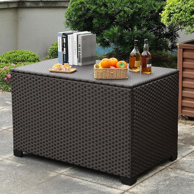 Rattaner Wicker Outdoor Storage Box 140 Gallon Patio Storage Bin with Waterproof Lining Bag Large Deck Box and Cushion Storage Bin Outdoor, Brown Wicker