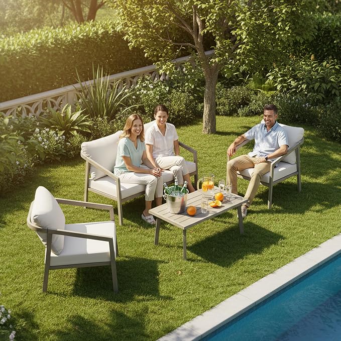 Outdoor Coffee Table, Never-Rust Aluminum Patio Table with Wood Grain Texture, Modern Rectangle Slatted Garden Side Table for Porch, Deck, Balcony, Indoor & Lawn (Taupe)