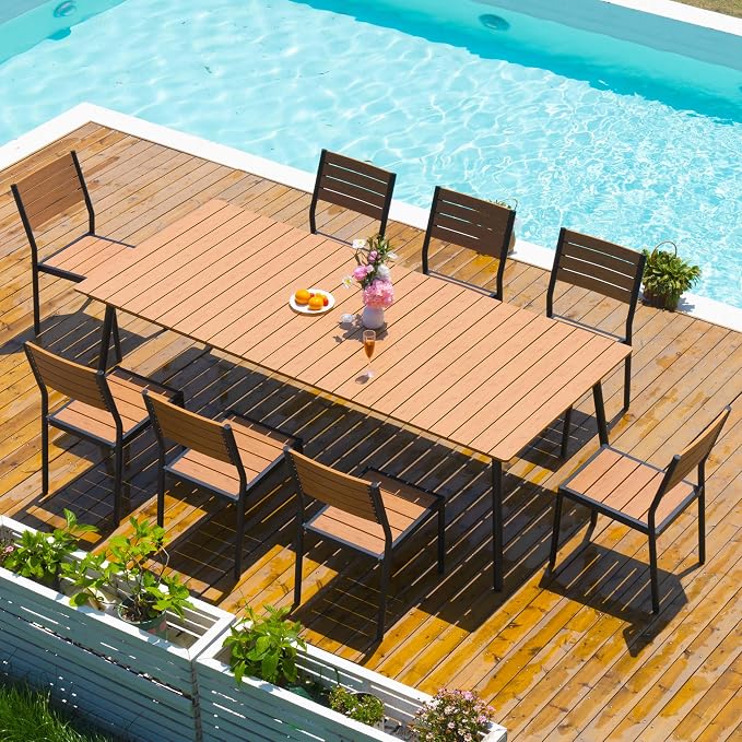 9-Piece Outdoor Dining Set for 8 Person with Teak Wood-Grain Top | Armless Stackable Chairs with 19.4" Seat Depth, Aluminum Frame Dining Furniture with Umbrella Hole for Deck, Porch & Backyard