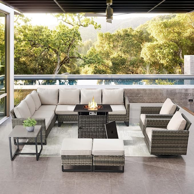 Belord Patio Sectional Furniture Set with Fire Pit Table: 8 Pieces Wicker Patio Conversation Set with L Shaped Sofa, Outdoor Swivel Glider Rocker, Rattan Ottomans, Removable Cushions Beige