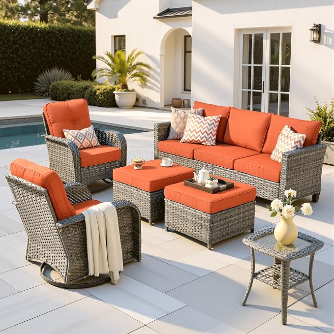 ovios 6 Pieces Patio Furniture Set, Outdoor Wicker Sofa Couch with Swivel Glider Chairs Comfy Cushions, Modern Deep Seat Rattan Conversation Sets for Deck Porch, Orange Red