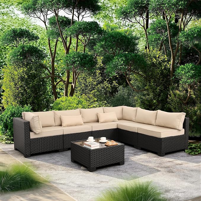 Valita 7 Pieces Outdoor Wicker Furniture Conversation Set Patio Sectional Sofa Set Glass Table with Non-Slip Cushions Furniture Cover, Khaki