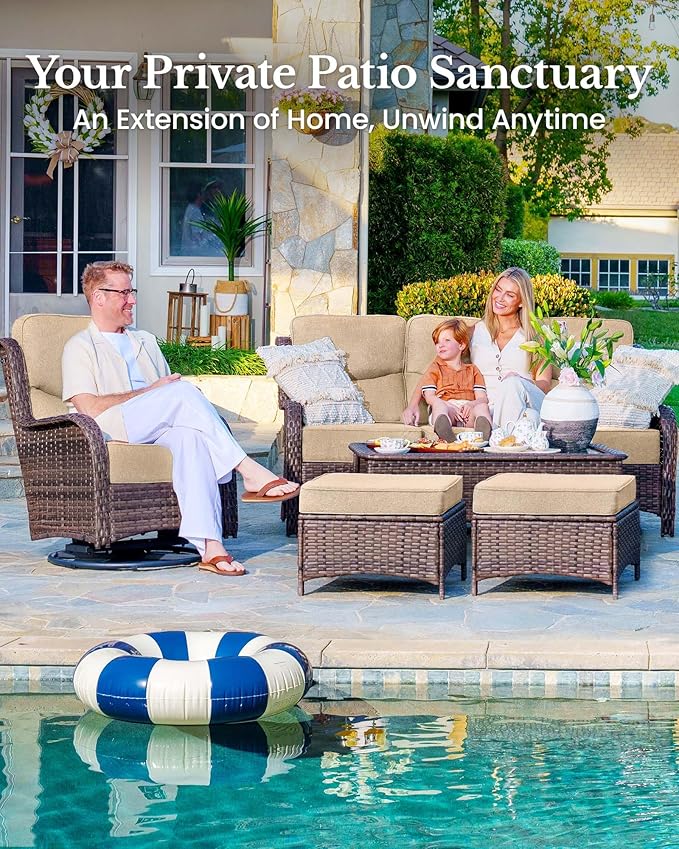 HILLGA 10-Piece Luxury Patio Furniture Set with 6" Thick Cushions, Weather-Resistant Wicker High Back Swivel Rocker Chairs, Senior-Friendly Outdoor Sofa Set for Large Deck, Yard and Poolside,Beige(V2)