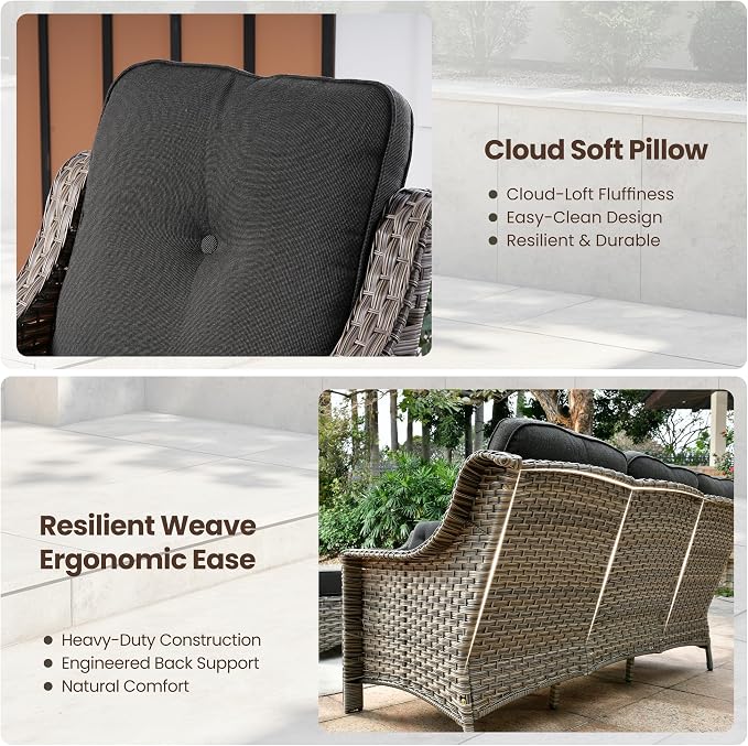4 PCS Patio Conversation Set, All-Weather High Back Wicker Outdoor Patio Furniture Sets with Two Single Chairs, Solar Light Coffee Table,Outside Furniture for Porch Backyard Balcony,Black