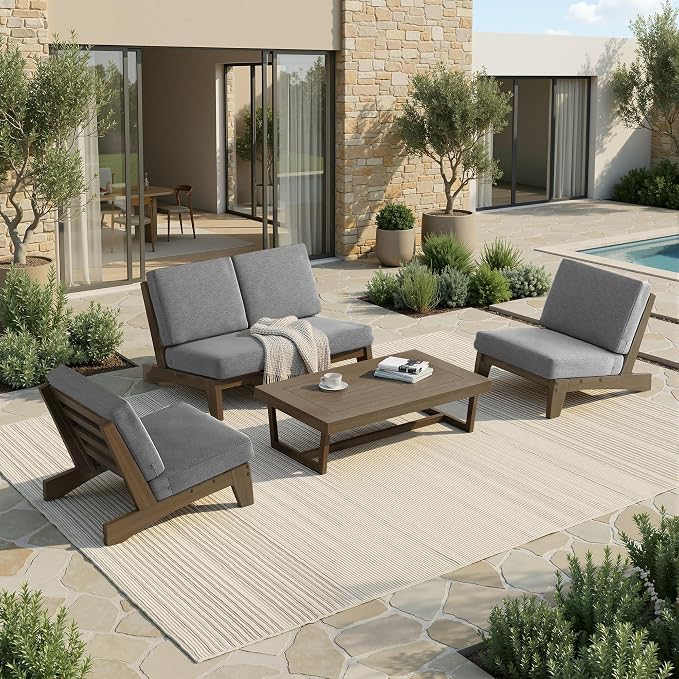 All Weather Patio Furniture Sets, 4 Pieces Teak Wood Outdoor Sectional Futniture Patio Sofa Chair Backyard Conversation Set with Solid Wooden Coffee Table - Light Gray