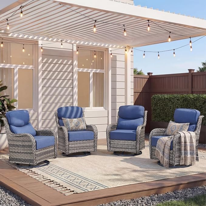 Luxury Outdoor Swivel Rocker Patio Chairs-4 Pieces High Back Swivel Rocker Patio Chairs with Thick Cushions All Weather Wicker Outdoor Furniture Set for Deck Porch Balcony(Grey/Blue)