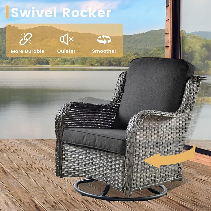 HOOOWOOO Outdoor Patio Furniture with Fire Pit Set 11 Pieces Patio Set with Fire Pit Wicker Outdoor Furniture with Fire Pit Table Set Patio Sectional Set with Swivel Chairs,Black