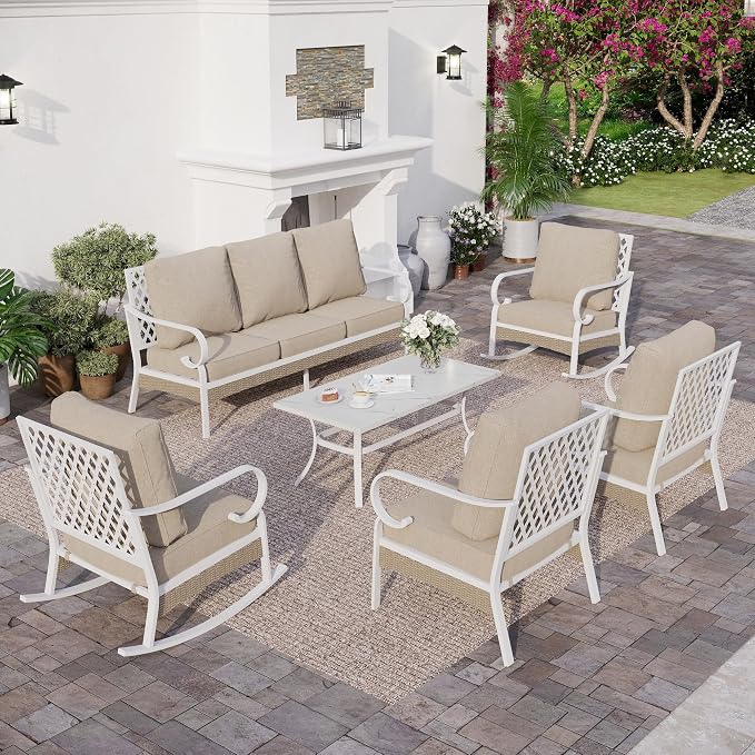 SUNSHINE VALLEY 6 PCS Metal Outdoor Patio Furniture Set, Patio Conversation Set 1 3-Seater Couch, 2 Fixed Sofa, 2 Rocking Sofa with 5.75" Thick Cushion and Coffee Table White Backyard Furniture, Beige